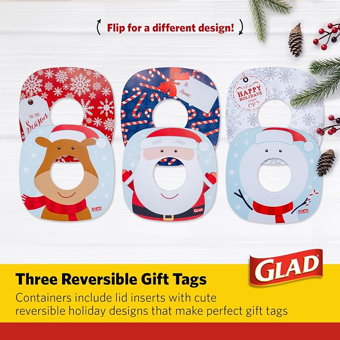 Glad GladWare Holiday Food Storage Containers, Large Square, 42 Oz, 3 Count | BPA-free plastic, reversible gift tags included, microwave, freezer, and dishwasher safe, 42 oz, gifting