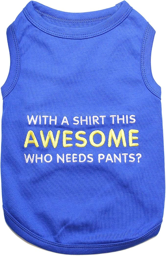 Parisian Pet Dog Tshirt - Embroidered “ Awesome “ Dog Shirt - Pure Cotton and Lightweight Dog Clothes - Blue Sleeveless Pet Tee Shirts - Cute Puppy Clothes - Pet Shirts for Large Dogs Boy - XL