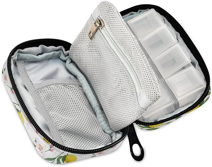 Watercolor Floral Lemon Pill Box 7 Day Pill Case Travel Pill Organizer Bag with Zipper Portable Weekly Case Compact Size for Vitamin Supplement Holder