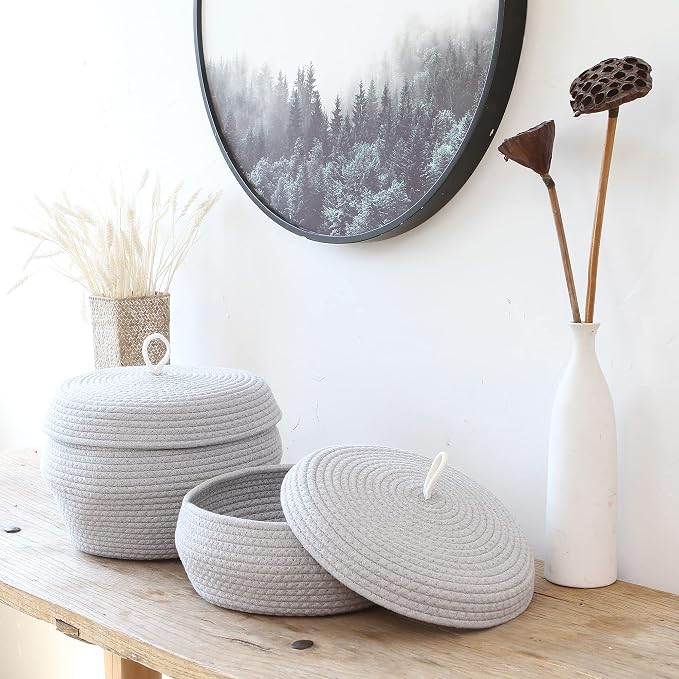 Sea Team Round Woven Cotton Rope Storage Basket with Lid, Gray | Lidded Knitted Decorative Storage Bin, Pot, Caddy, Organizer, Container for Snacks, Towels, Plants, 13 x 9 Inches