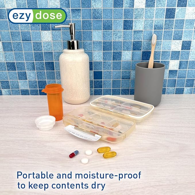 Ezy Dose Moisture-Proof Travel Pill Case, 8 Compartments, Cream, Large | Moisture-Proof Pill Case, Medicine Planner, Vitamin Organizer Box, Travel-Friendly, Latch-Closure to Secure Contents
