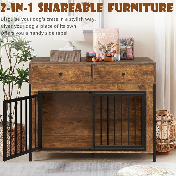 LEMBERI 44 Inch Large Wooden Dog Crate Furniture with 2 Storage Drawers, Decorative End Table Style Indoor Pet House for Dogs, Brown