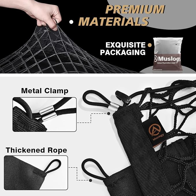 Muslogy Cargo Net for 2023-2025 2026 Honda CR-V CRV Accessories | Custom Fit, Trunk Storage Organizer Net for SUV Sedan Van Divider, with Heavy Duty Carabiners, Night Visible Grab Handle