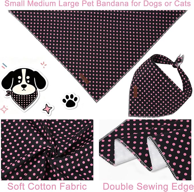Black Pink Polka Dog Bandana, UP URARA PUP Puppy Bandana for Small,Medium Dog, Spring Summer Cotton Triangle Bid Scarf Dog, Pet Kerchief for Girl Female Dogs or Cats, Fancy Fall Classic Dog Bid Scarf