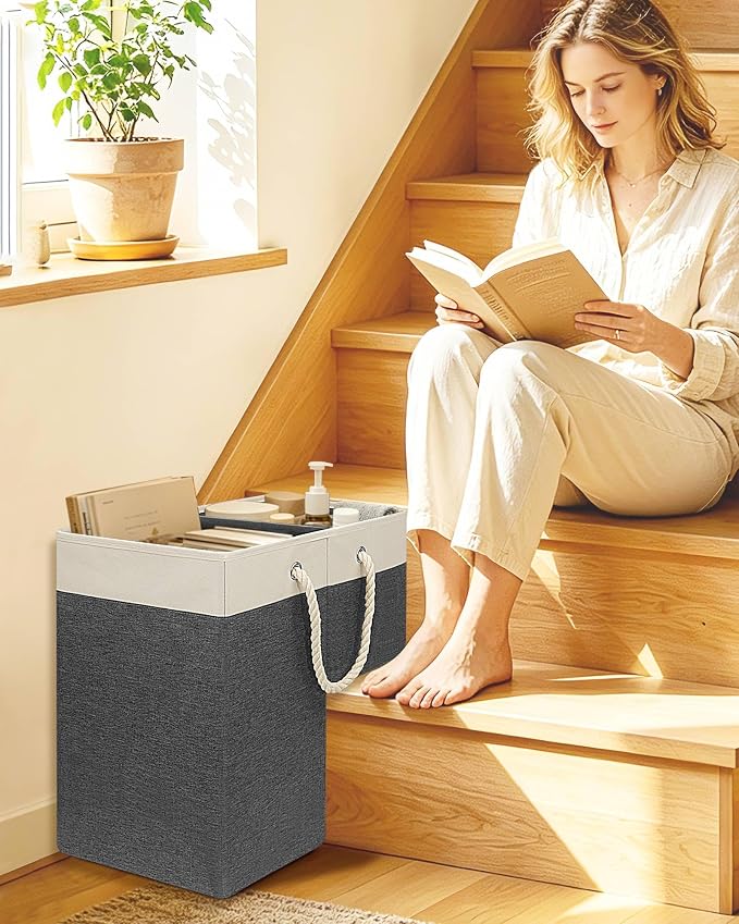 LHZ.K Stair Basket with Removable Divider & Sturdy Handles,1pcs Grey | 16" Rigid Foldable Stair Storage Basket for Carpeted & Wooden Stairs, Large Capacity for Laundry, Toy, Pet Supplies & Clutter