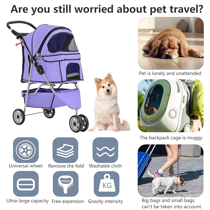 FDW Pet Stroller 3-Wheel Durable Foldable Cat Dog Stroller with Washable Liner Storage Basket Cup Holder,Purple