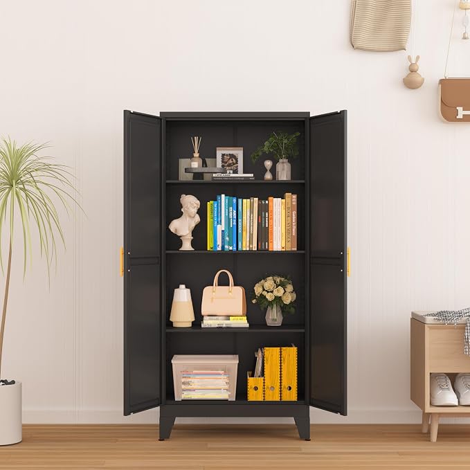 GAIOUS Metal Storage Cabinet, Black Pantry Storage Cabinets with 2 Door | and 3 Adjustable Shelves, Kitchen Food Storage Cabinet, Metal Utility Cabinet for Kitchen Laundry Room, Cupboard