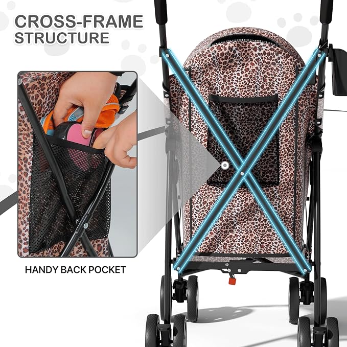 MoNiBloom Pet Stroller for Small/Medium Dogs and Cats, Leopard Print | Foladble 4 Wheels Easy-Fold Puppy Cage Jogger Stroller with Sun Cover, Pad and Rear Storage Bag, Breathable and Visible Mesh