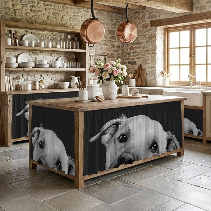 Black Dog Sink Skirt 11"Wx13"L,Dustproof Under Sink Curtain with Self Adhesive Tape,Cute Pets Eyes Animals Fur Vintage Oil Painting Cabinet Curtain Cover for Bathroom Vanity,Kitchen Storage Shelf
