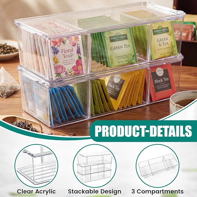 Hoteam 3 Pack Flip Top Tea and Coffee Organizer with Lids, Clear Stackable Plastic Tea Bag Storage Organizer for Cabinet Counter Countertop Pantry, Sweeteners (3 Grids)