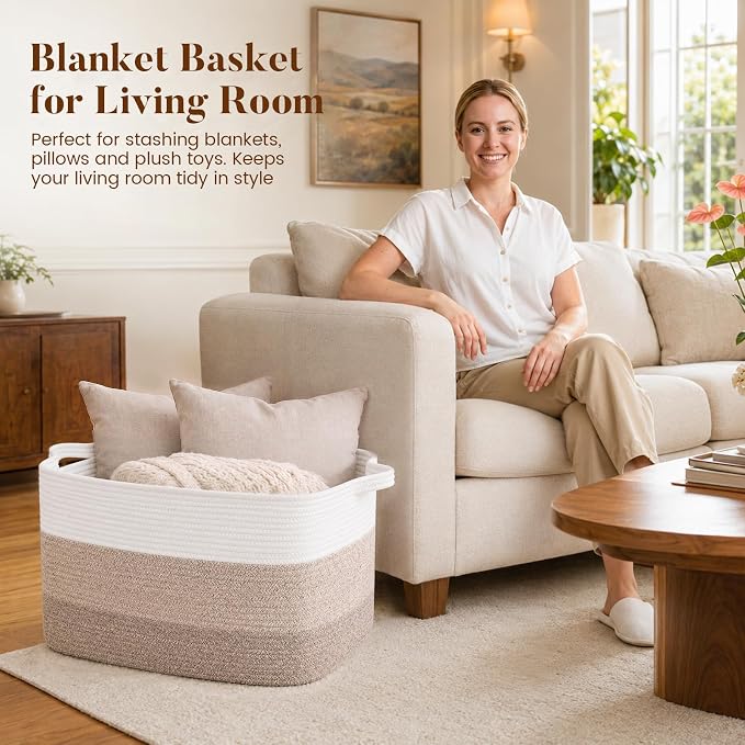 65L Large Woven Blanket Basket for Living Room, 19.7"x15.7"x11.8" | Nursery Laundry Hamper with Handle for Organizing Blankets, Pillows, Toy Storage With Handle, Large Baskets for Organizing