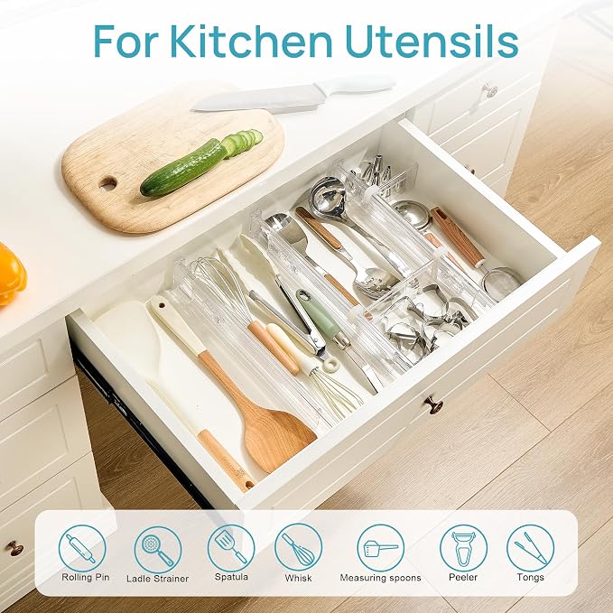 Vtopmart 2.36" Drawer Dividers with Expandable Inserts, 12.8"-22.3", 6 Pack | Adjustable Kitchen Drawer Organizer, Clear Organizer Separator for Flatware, Utensil, Cutlery, 6 Dividers with 10 Inserts