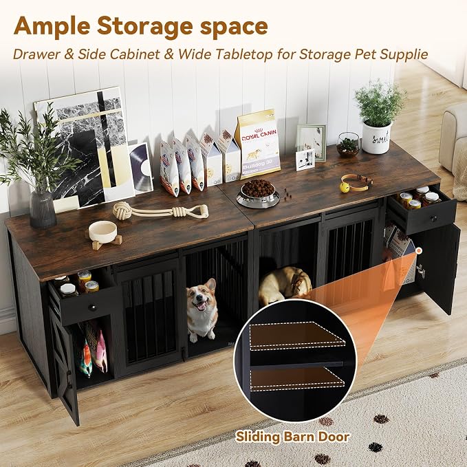 Verano Garden 88" Dog Crate Furniture, Dog Kennel Cage, Black (88") | 2-in-1, Lockable, Decorative, Sliding Door, Removable Divider, Adjustable Shelf, Farmhouse, Heavy Duty, Small Medium Dogs