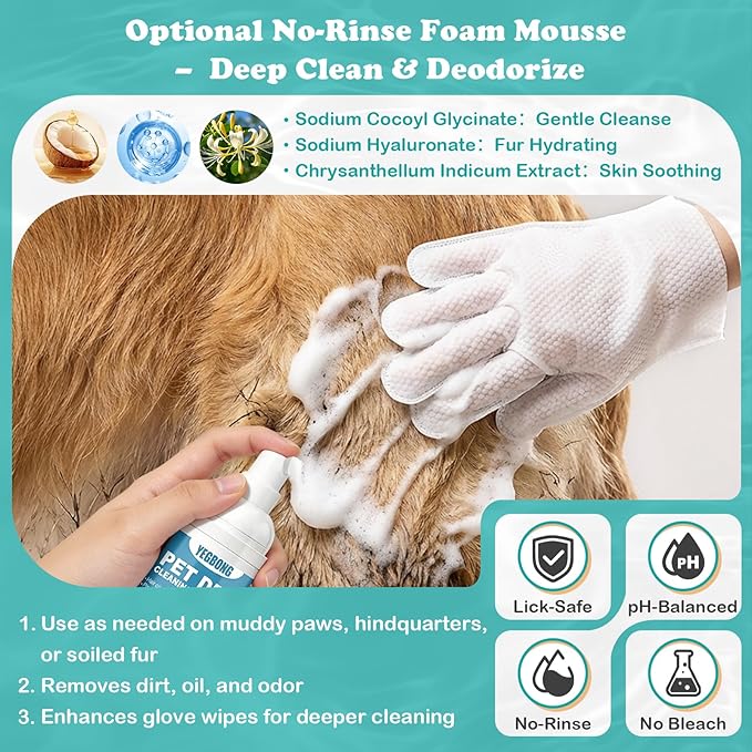 Pet Glove Wipes for Dogs & Cats, Travel-Friendly, with No-Rinse Foam Mousse for Enhanced Cleaning & Deodorizing, Extra Thick Hypoallergenic Design, Ideal for Large & Playful Puppies