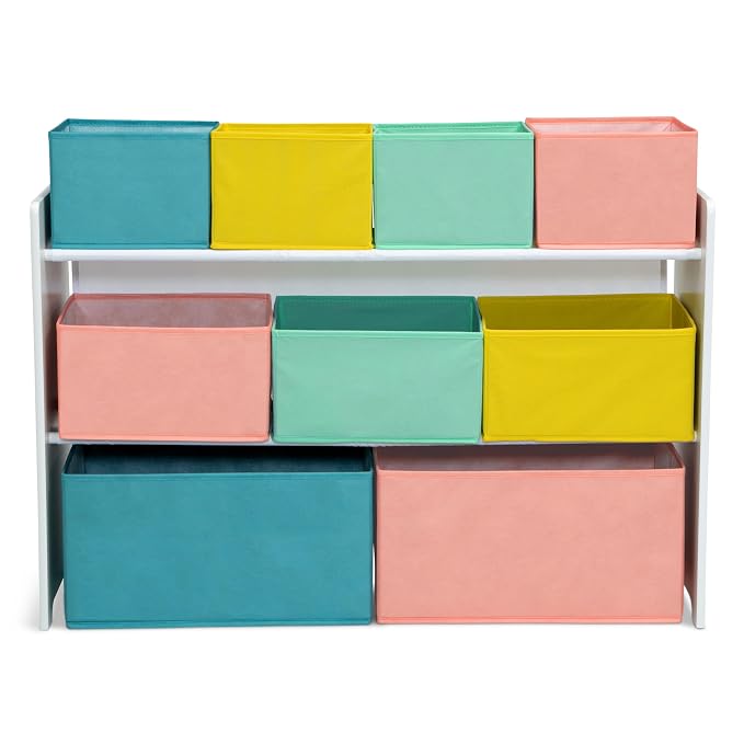 Delta Children Deluxe Multi-Bin Toy Organizer with Storage Bins - Greenguard Gold Certified, White with Blue/Orange/Pastel Bins