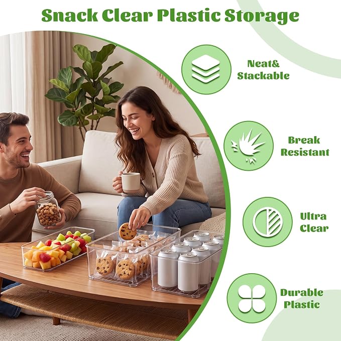Mifoci 16 Pcs Snack Pantry Organizer and Storage, Clear Plastic Storage Bin for Pantry Shelf with 3 Divider & No Divider, Stackable Container Box with Handle for Kitchen Cabinet Fridge Closet Bathroom
