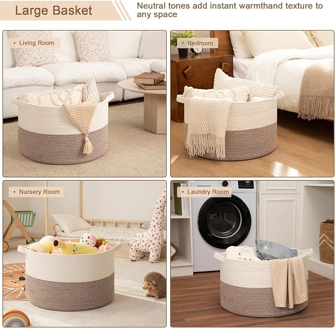 OIAHOMY 90L XXXLarge Blanket Basket for Living Room, 21.7" x 13.8" Woven Cotton Rope Laundry Basket for Organizing Pillows, Decorative Stuffed Animal Toy Storage for Nursery, White and Linen Brown