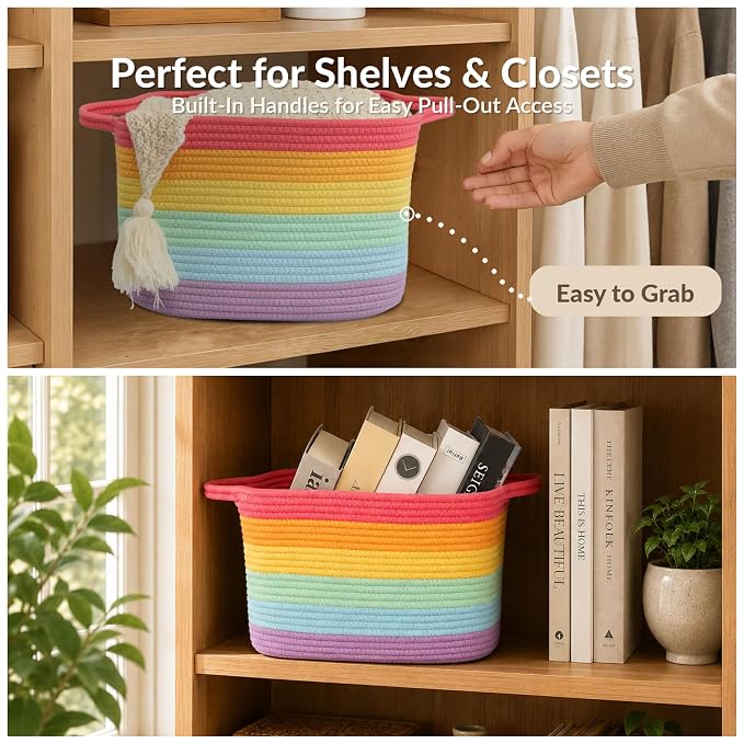 XUANGUO Woven Cotton Rope Storage Basket with Handles 13x10x9 inch Rainbow | Woven cotton rope basket for shelves and closets. Perfect for toys, books, clothes, nursery storage and gift baskets
