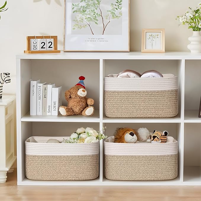 4 Pack Large Storage Basket for Organizing, 17.5"x13"x7" Woven Basket for Shelves, Closet Cube Storage Bins with Wrapped Handle, Cotton Rope Baskets for Kitchen, Clothes, Toys(Off White & Brown)