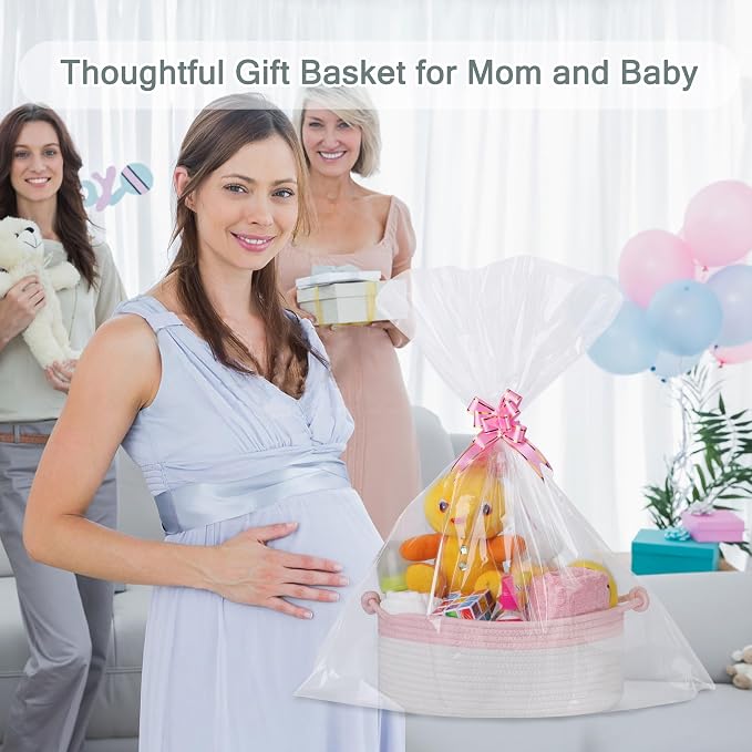 COMSE Small Gift Basket Empty with Bag & Ribbons, Light Pink & White | Cotton Rope, 12"x 8"x 5", Pet Toy Storage Organizer, Woven Basket for Birthdays, Baby Showers, Mother’s Day, Valentine’s Day
