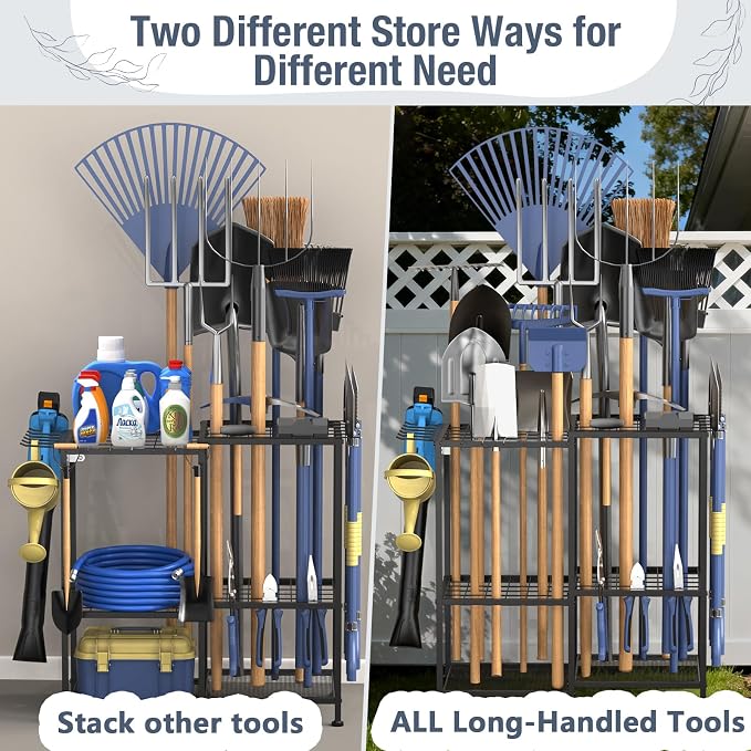 Garden Tool Organizer, Metal Yard Tool Organizer,Holds 70 Long-Handled Tools/Rakes/Brooms,Side Garden Pocket,Heavy Duty Steel Yard Tool Storage Rack for Garage,Shed, Outdoor(Black-Large)