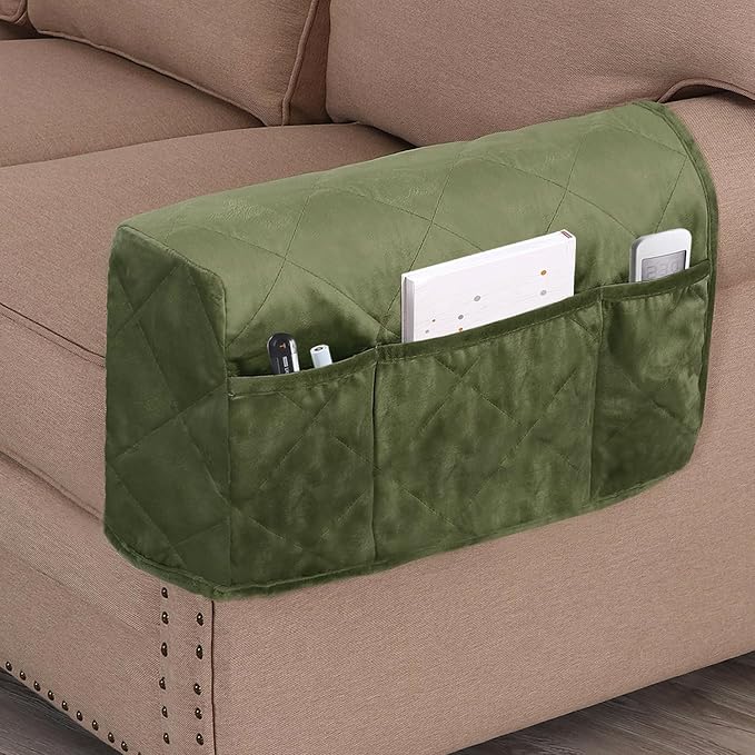 Velvet Quilted Armrest Covers - Water-Resistant Sofa Arm Protectors Set of 2 with Side Pocket Organizer, Non-Slip Furniture Covers for Chairs & Couches (Loden)