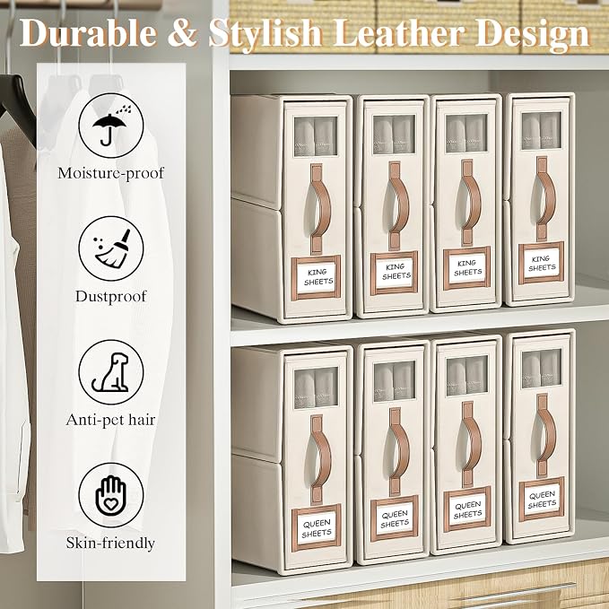 3 Pack Foldable Bed Sheets Set Organizers and Storage(King & Queen Size),Linen Fabric Closet Organizers with Window,Folding Bedding Storage Box for Bedsheets and Pillow Cube Organizer-Beige