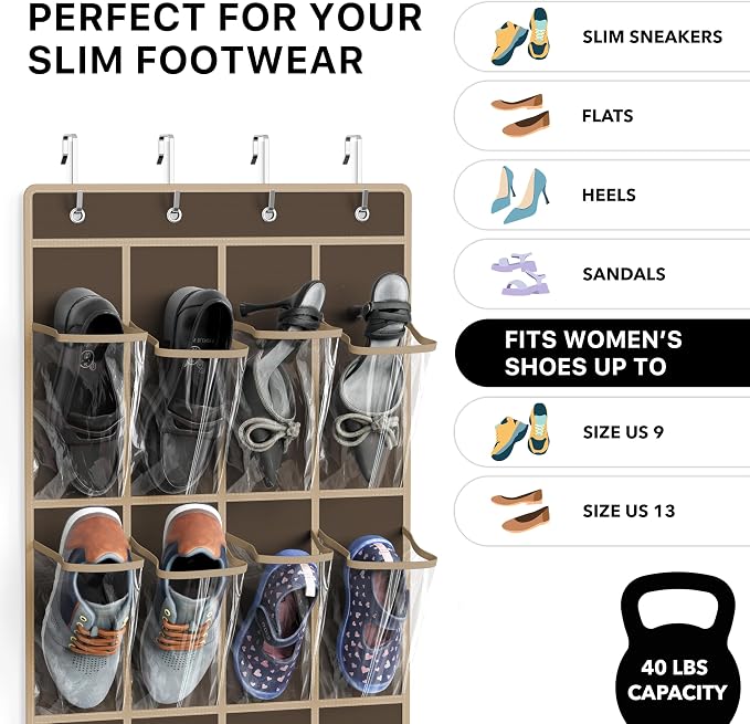 Simple Houseware 24 Pockets Clear Over the Door Shoe Organizer, Brown | 64" x 19", 4 Durable Metal Hooks, 4.3" x 9.5" Pocket Size, Multipurpose