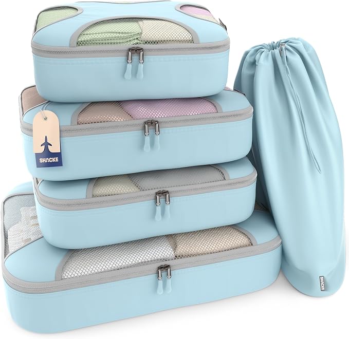 Shacke 5 Set Packing Cubes for Travel with Laundry Bag (Sky Blue) | Suitcase Organizer Bags Set: 4 Water-Resistant Luggage Cubes, XL to Small, + Laundry Bag for Carry-On or Checked