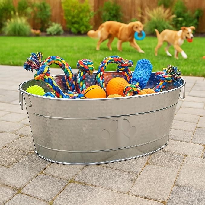 BREKX Stainless Steel Indestructible Dog Toy Bin - Pet Storage Bin with Handles, Large Organizer Storage Basket for Pet Toys, Blankets, Leashes - Pawprint Design Home Decor (Silver - 25 Quart)