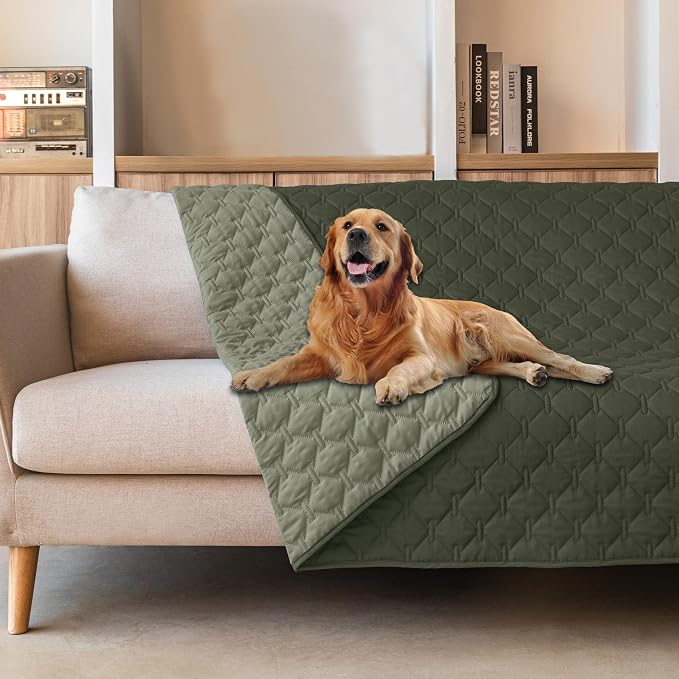 gogobunny Waterproof Dog Blankets for Large Dogs, Pet Bed Cover Breathable | Washable Pee Pads, Quilted Throw Blanket, Furniture Protector for Couch Sofa Bed Car, 82x82 Inch Dark/Light Olive