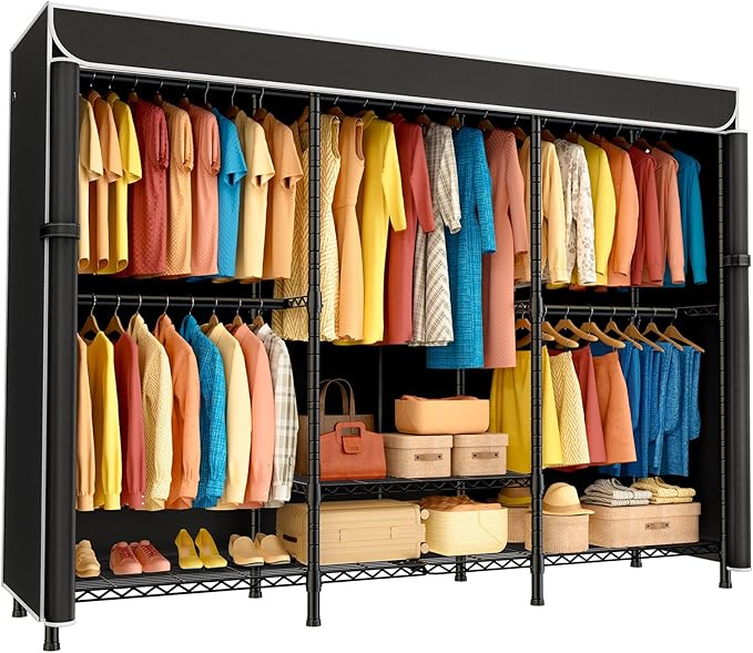 SEMHOR K01C Heavy Duty Clothes Rack with Cover Black, Max Load 860LBS | Freestanding Portable Closet System with Shelves, Adjustable Carbon Steel Garment Rack, Clothing Racks for Hanging Clothes
