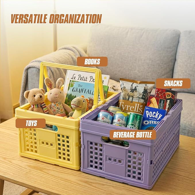 Collapsible Storage Crate, Foldable Plastic Basket with Lid and Handle, Foldable Storage Box Crate Bin for Home Kitchen Office Bathroom Bedroom Pantry (Green-Hollow)