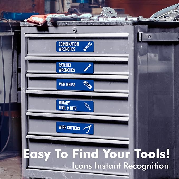 90 PCS Magnetic Toolbox Labels, 82 Pre-Printed & 8 Blanks Large Size Tool Chest Organizer Labels Strong Magnetic & Easy to Read Printing Fits All Brands of Steel Tool Box Drawers (Blue, 3.5” x 1”)