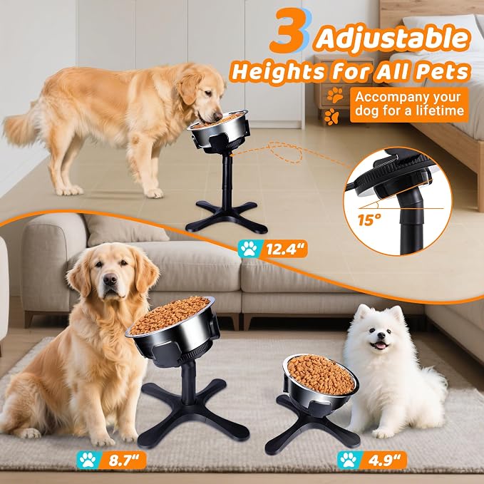 Elevated Adjustable Dog Bowl Feeding Stand, 3 Heights and Tiled Ajudst, Compatible with Moost Feeding Bowls, Great for Medium Large Dogs(1 Pack)