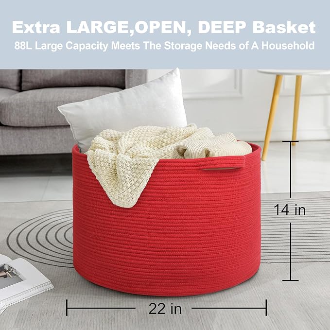 Extra Large Red Basket for Organizing, 22" X 22" X 14" Woven Cotton Rope Bins for Blankets, Baby Nursery Wicker Laundry Basket, Kids Dog Toy Storage Box, Big Red Living Room Decor Organizer