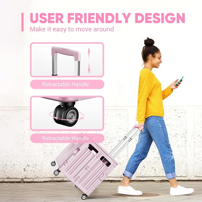 Folding Utility Cart with Lid, Portable Rolling Crate Handcart Collapsible Shopping Trolley, Durable Plastic Foldable Tool Basket with 4 Rotate Wheels for Grocery, Office, Luggage, School - Pink