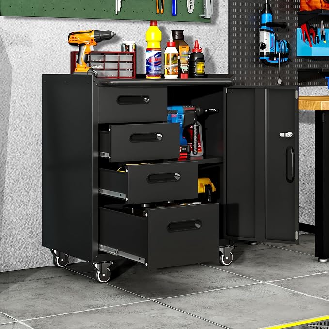 Garage Cabinets,Metal Garage Storage Cabinet with Wheels,Black Lockable Rolling Tool Cabinet with Drawer and Adjustable Shelves,Heavy Duty Tool Chest for Home Office Utility Room