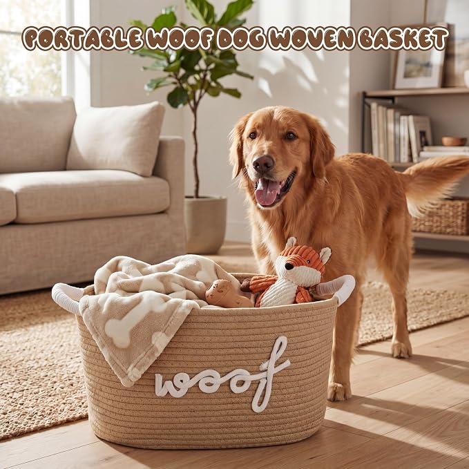 Dog Toy Storage Basket with Handles, 14.6 x 10.6 x 8.7 Inch Cotton Rope Dog Toy Storage Bin Woven Pet Organizer Shelf Basket for Pet Chew Toys, Foods