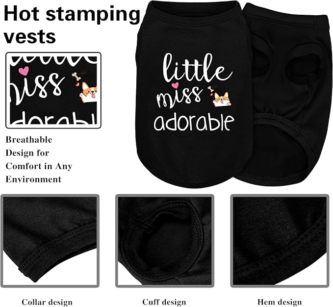 Cotton Dog Shirt with 'Little Miss Adorable' Corgi Head Print, Soft & Breathable Pet Apparel for Small, Medium, and Large Dogs, All-Season Sleeveless Vest, Cute and Comfortable Dog Outfit.Black 3XL