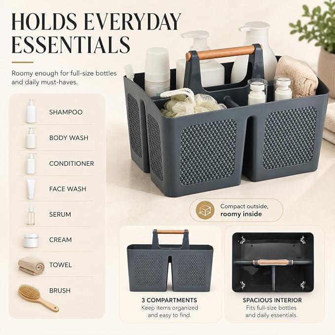 Haundry Portable Shower Caddy Tote with Wooden Handle, 3 Compartment Plastic Organizer Basket for College Dorm Essentials, Bathroom Cleaning Supplies, Gray