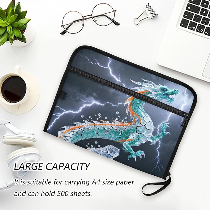 Lightning Crystal Dragon Expanding File Folder with Sticky Labels, 13 Pockets Accordion File Folder Document Organizer Expandable Zip File Folder with Zipper Closure