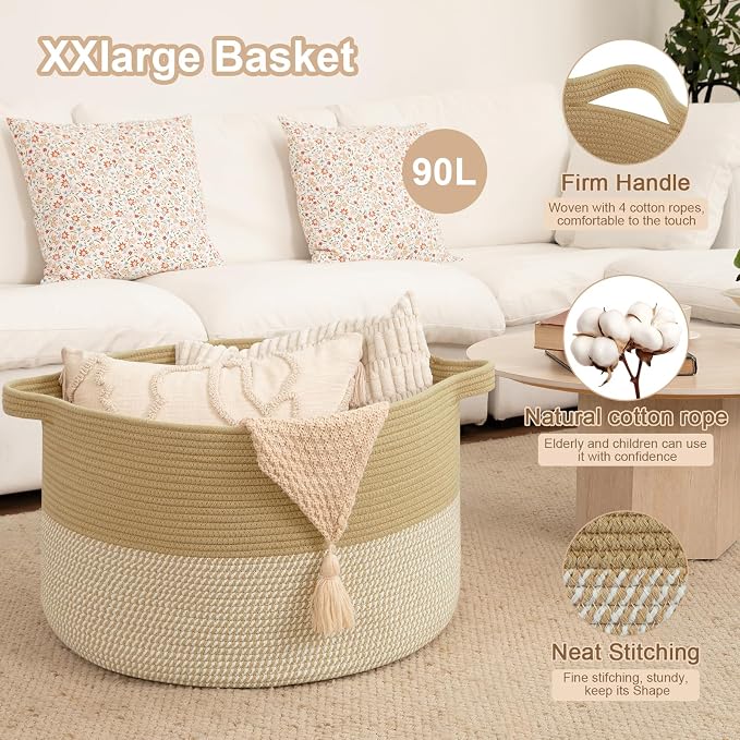 OIAHOMY 90L XXXLarge Blanket Basket for Living Room, 21.7" x 13.8" Woven Cotton Rope Laundry Basket for Organizing Pillows, Decorative Stuffed Animal Toy Storage for Nursery, Jute and White