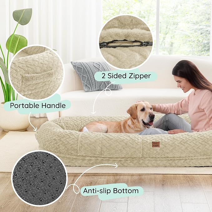 ChiXnuggle Orthopedic Human Dog Bed,with Faux Fur Washable Cover,Blanket | linen,72*40*10,giant dog bed for adult or extra large dogs,egg crate foam,non-slip bottom