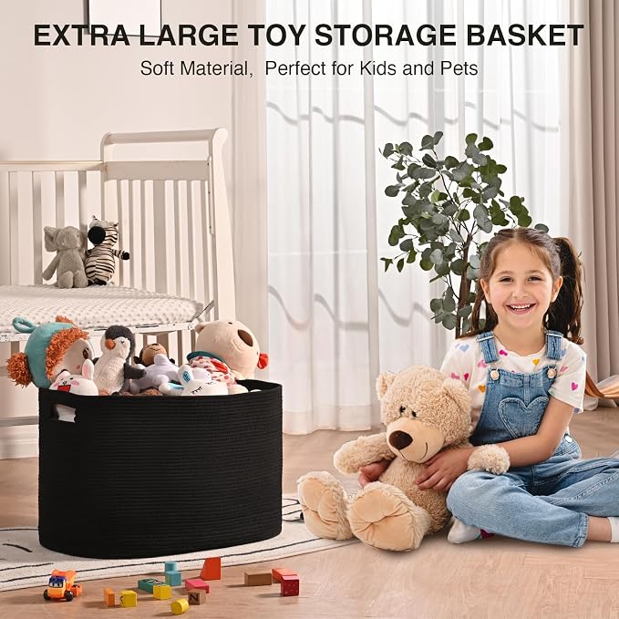 ICERZCZ Large Black Blanket Basket, Storage Baskets for Blankets, Woven Baskets for Storage, Woven Cotton Rope Basket for Toys, Clothes, Shoes, Books, Black, 25”x16”x16” (105L)