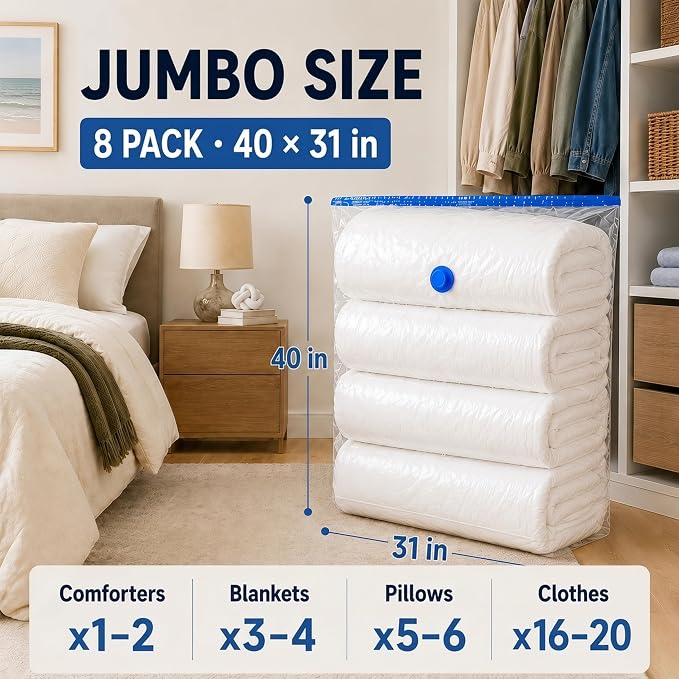 Jumbo Vacuum Storage Bags, 40 x 31 in, 8 Pack XXL Space Saver Bags, with Hand Pump, Vacuum Seal Bags for Blankets, Comforters, Bedding, Pillows, and Clothes