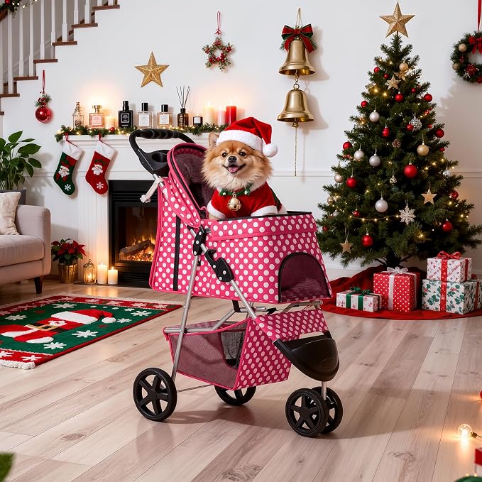 MoNiBloom Pet Stroller for Small/Medium Dogs and Cats, Hot Pink Polka Dots | Foldable Dog Stroller 3 Wheels Pet Strolling Cart w/ Storage Basket Cup Holder, Breathable and Visible Mesh for All-Season