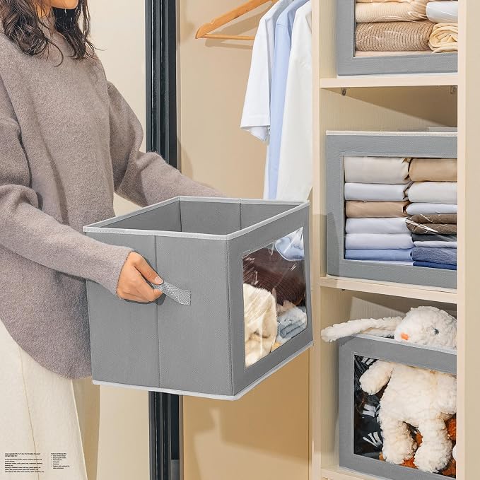 Storage Bins, Storage Baskets for Shelves with Window, Fabric Storage Bins with Handle, Foldable Storage Cubes Boxes for Organizing for Clothes, Towels, Books, 3 Pack, Grey
