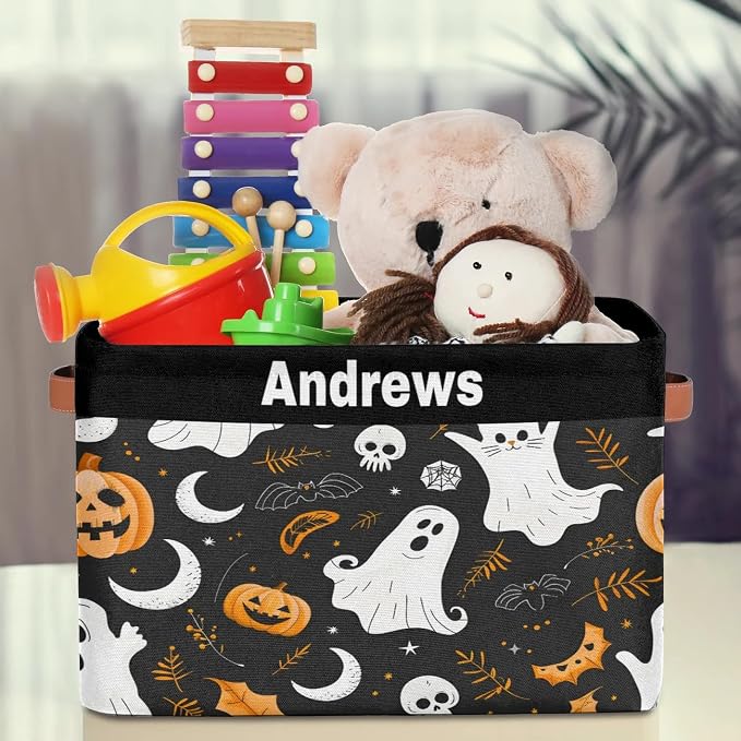 Custom Rectangular Baby Storage Basket, Kids Toys Bin, Books Shelf Basket, Clothes Towel Storage Bin for Nursery, Gift Basket, Pet Basket, Happy Halloween Ghost Pumpkins Bat Leaves
