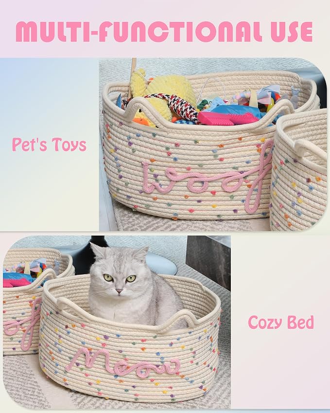 Sea Team Dog Toy Storage Basket with Handles and Ears, Rainbow Woof | Large Cotton Rope Storage Bin, Shelf Basket, Organizer for Pet Chew Toys, Foods, 16.5 x 11 x 7 Inches, 4.4 Gallons